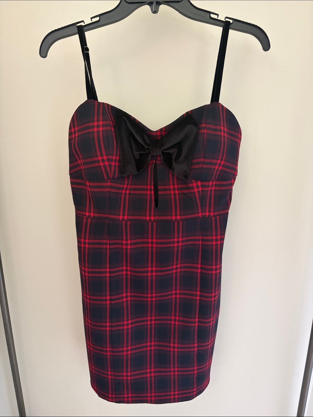 Avec Les Filles Red and Black Plaid Strapless Mini Dress with Bow